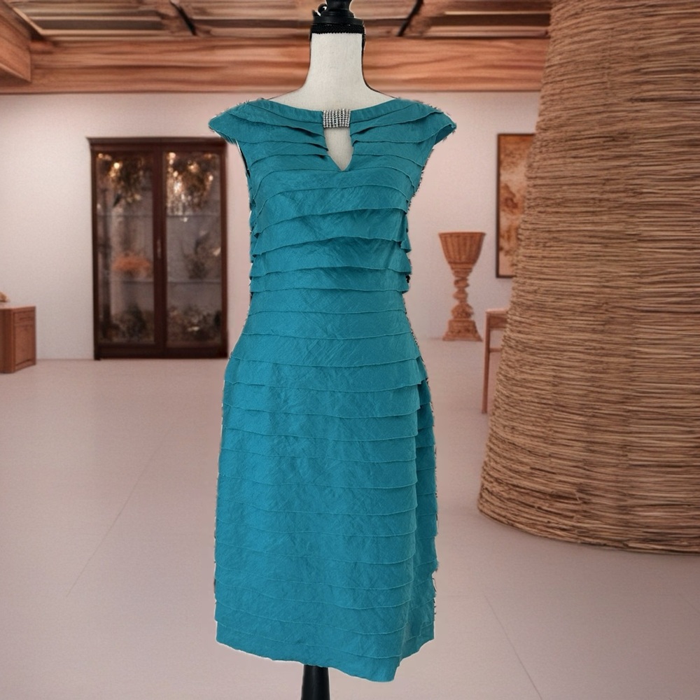 London Times Blue Ruched Sheath Dress